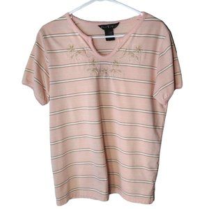 Once And Again Top Womens Large Striped Peach Short Sleeve